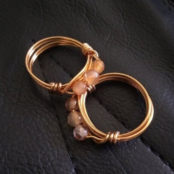 Apricot + Pale Tangerine Agate ~ Beaded Gemstone Rings - Handmade Sz 5.75 + 6 - Picture 3 of 8